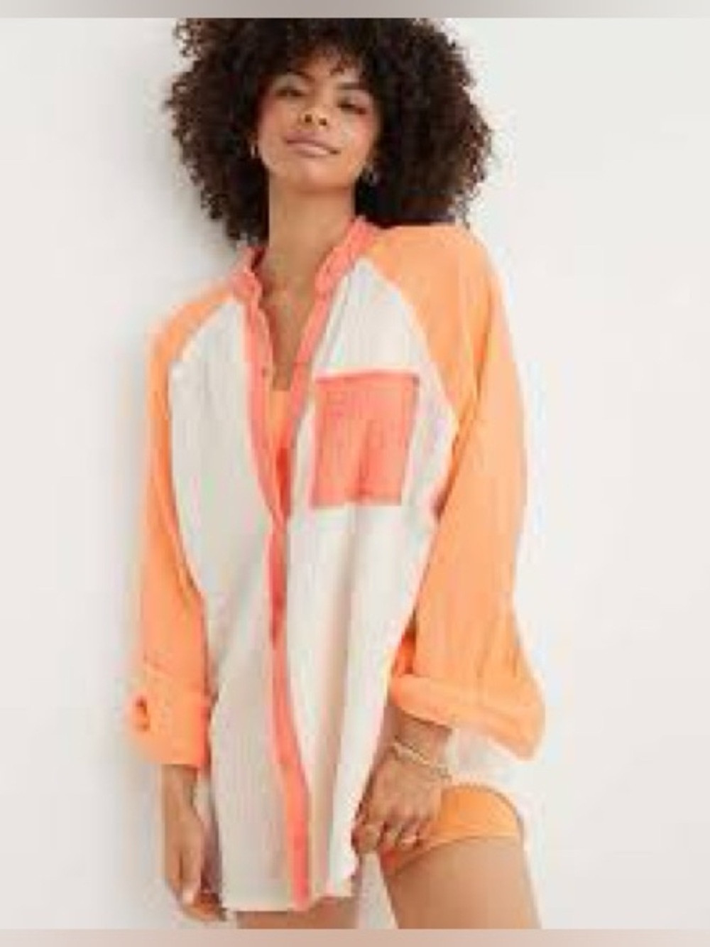 Aerie Gauzy Cover up Top Colorblock Button-Up Shirt - Coral & White